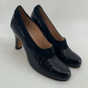 Anyi Lu Black Croc Embossed Patent Leather Suede Trim Pumps Made in Italy Sz 38